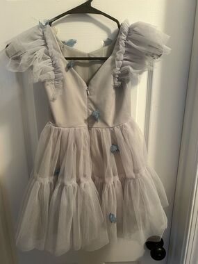 Joyfolie Light Gray Tulle Party Dress with Blue Floral Appliques